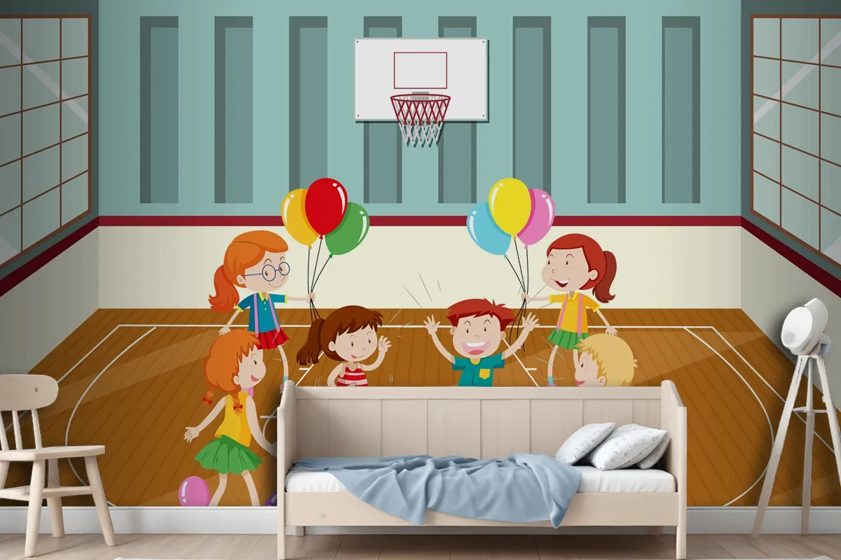 Kids Doing Physical Activity With Balloons Wallpaper Mural