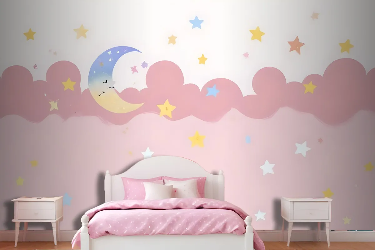 Kids Girls Pink Night With Sleeping Moon Wallpaper Mural