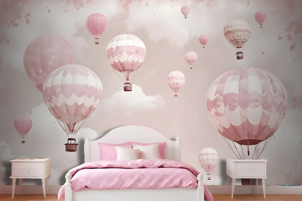 Kids Girls Pink Sky Of Hot Air Balloon Wallpaper Mural