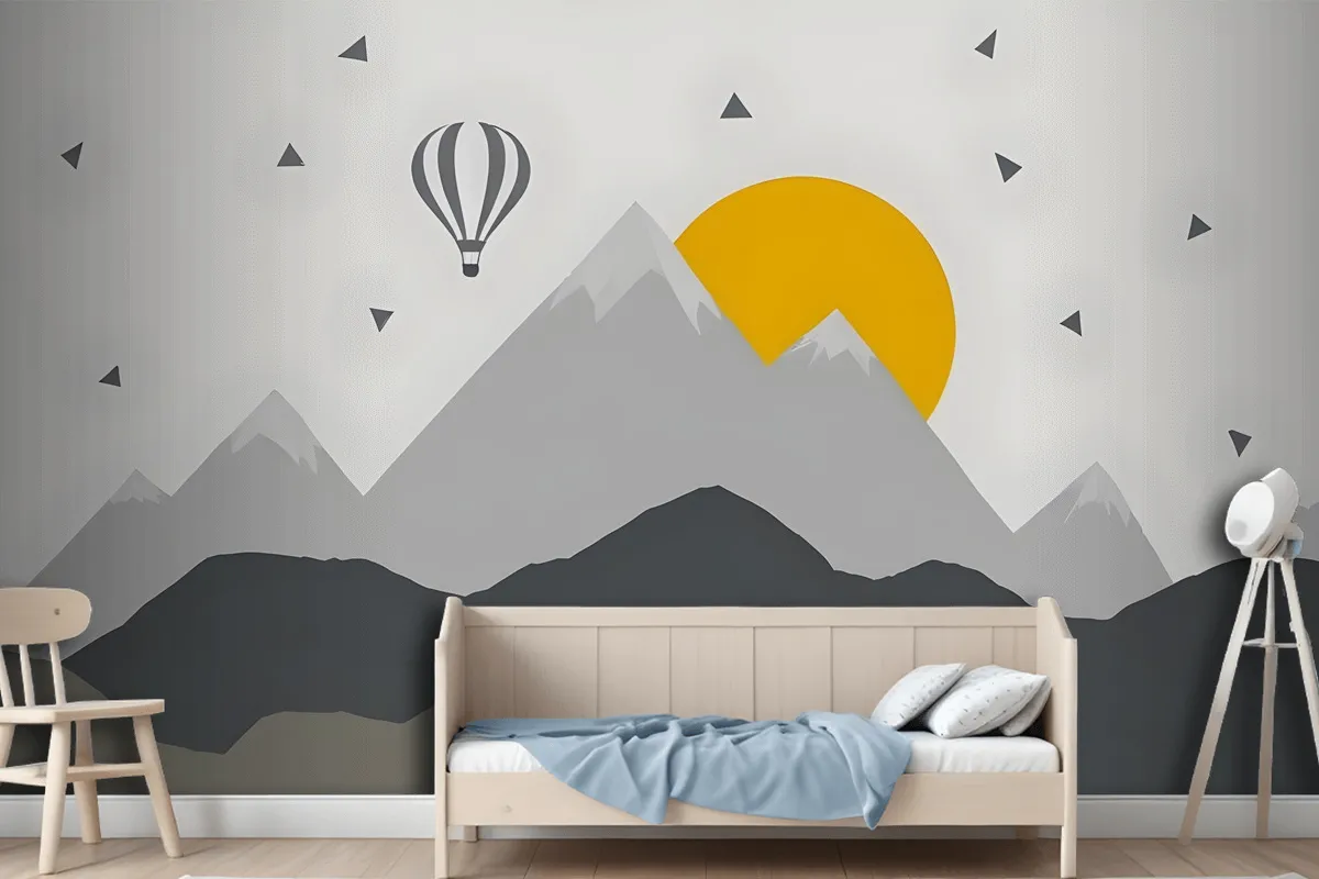 Kids Gray Geometric Mountainscape And Hot Air Balloon Wallpaper Mural