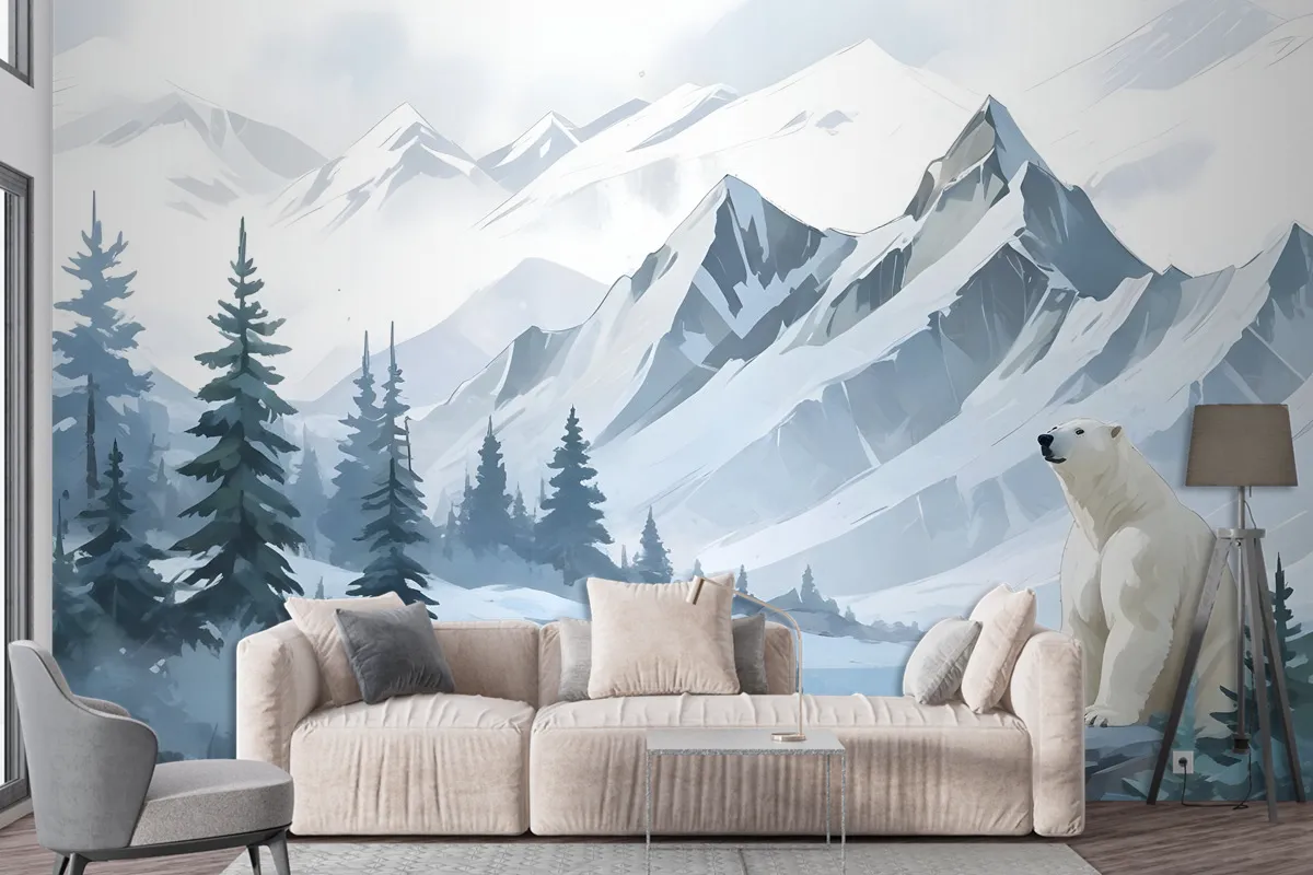 Kids Mountain Landscape With Cartoon Bear Wallpaper Mural