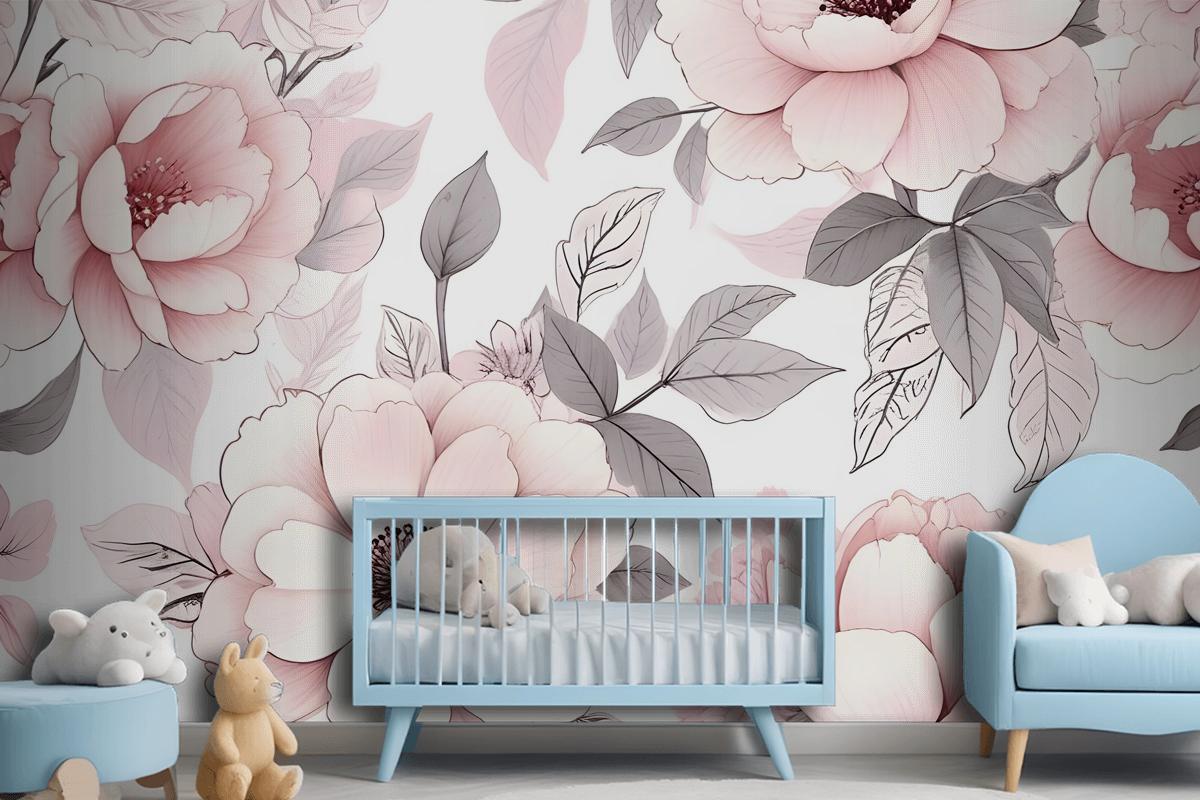 Kids Nursery Floral Pink Rose Pattern Wallpaper Mural