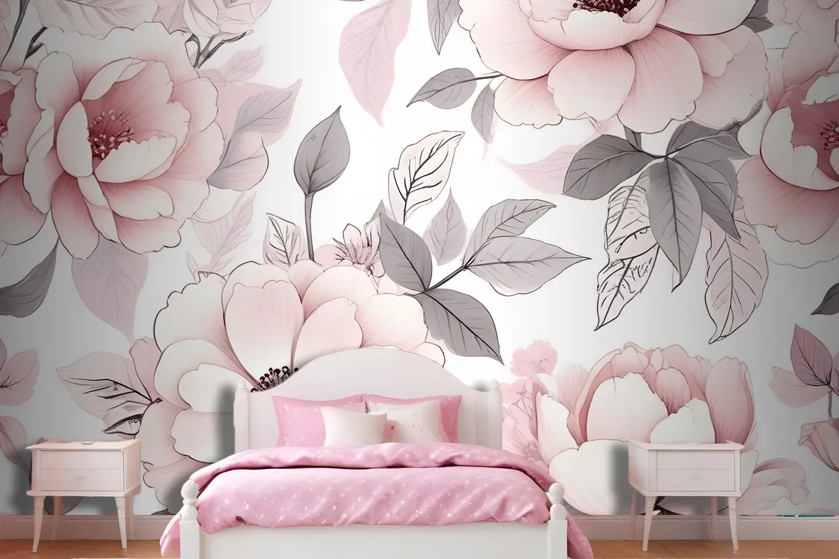 Kids Nursery Floral Pink Rose Pattern Wallpaper Mural