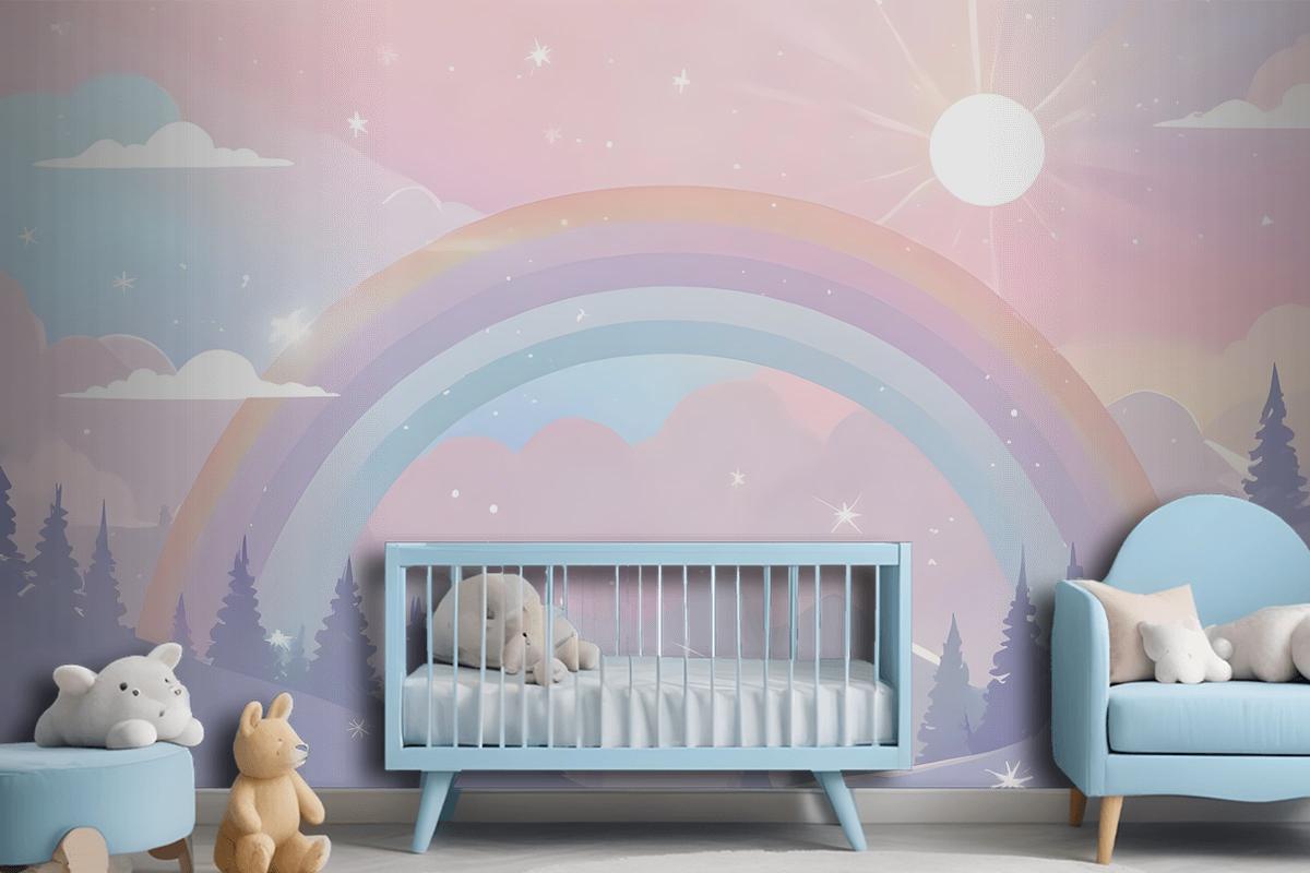 Kids Nursery Rainbow With Colorful Mountains And Shiny Stars Wallpaper Mural