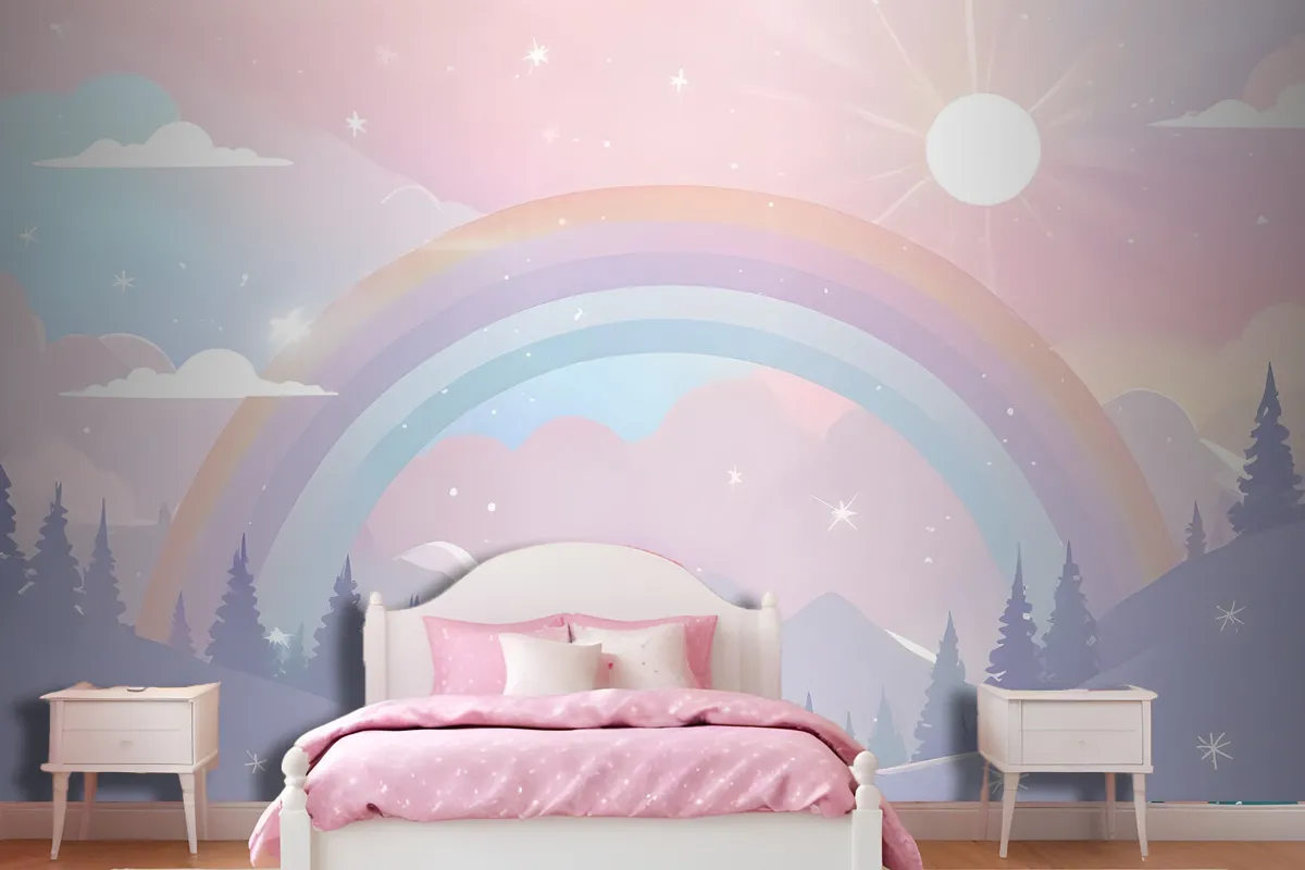 Kids Nursery Rainbow With Colorful Mountains And Shiny Stars Wallpaper Mural