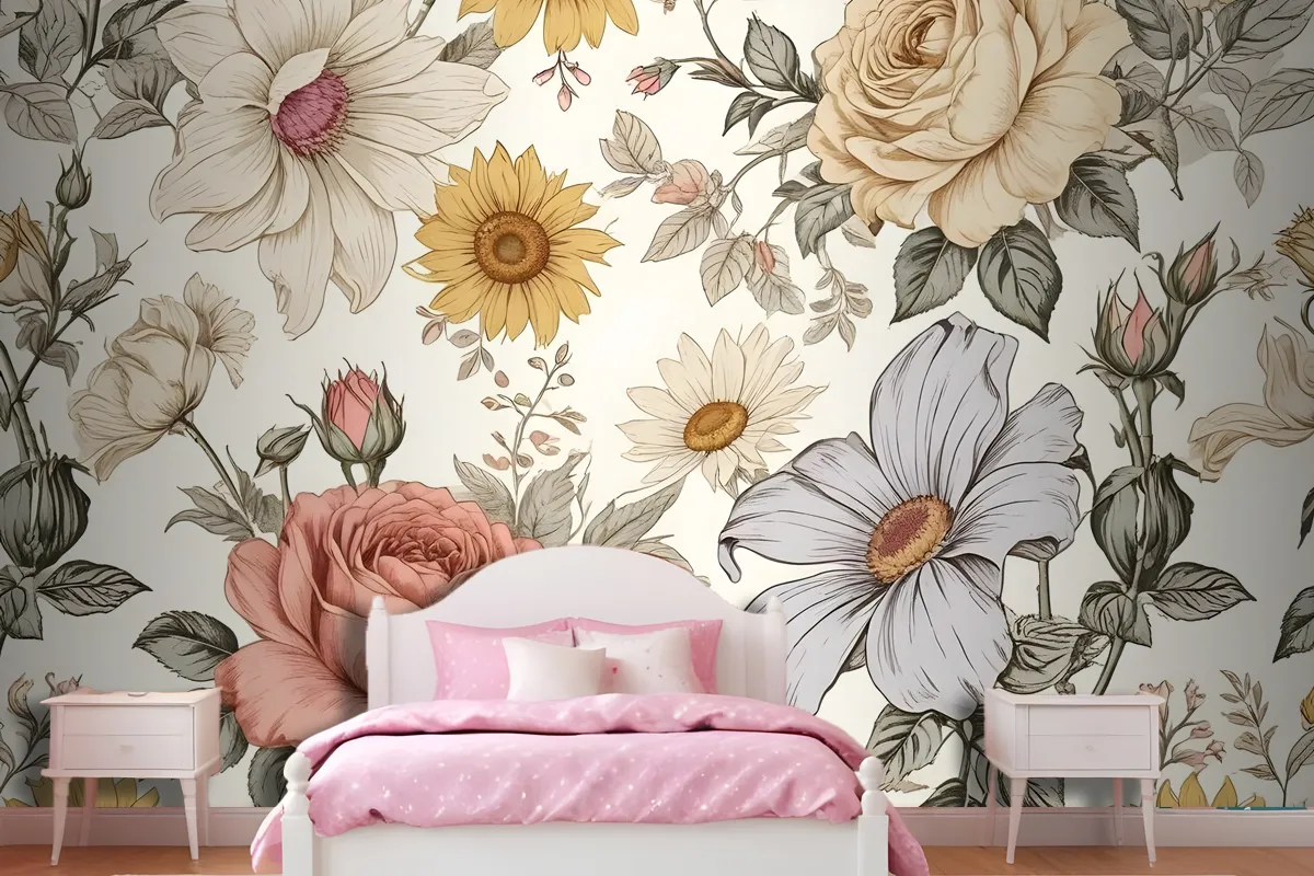 Kids Peony And Daisy Floral Wallpaper Mural