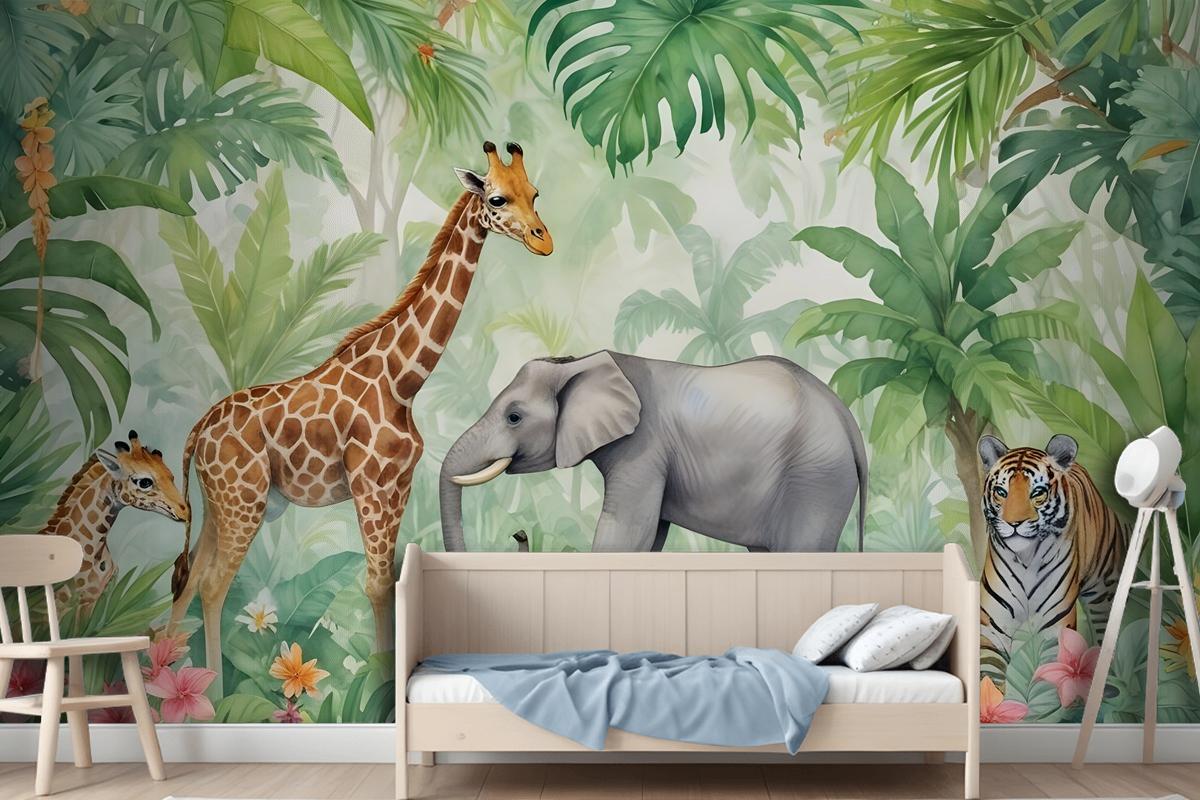 Kids Safari Watercolor Tropical Forest Jungle Animals Wallpaper Mural