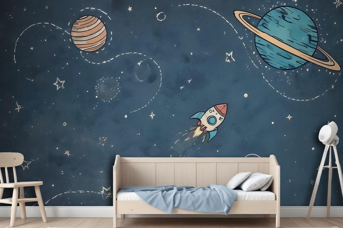 Kids Shining Cartoon Space With White Stripe Wallpaper Mural