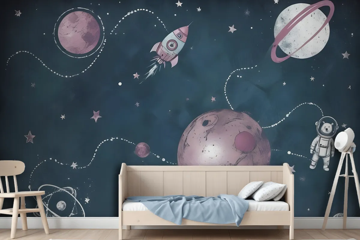 Kids Shining Space With Watercolor Bear Astronaut Wallpaper Mural