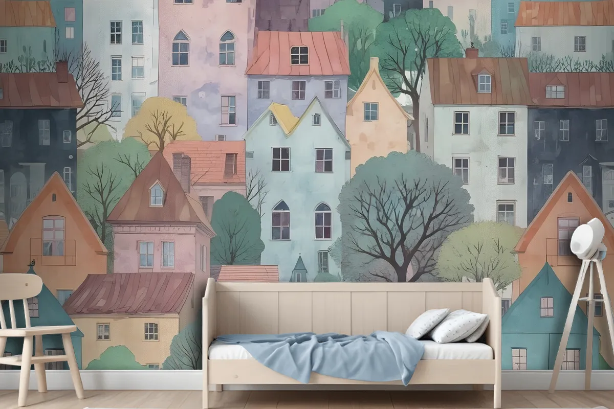 Kids Small Town Cute Watercolor House Wallpaper Mural