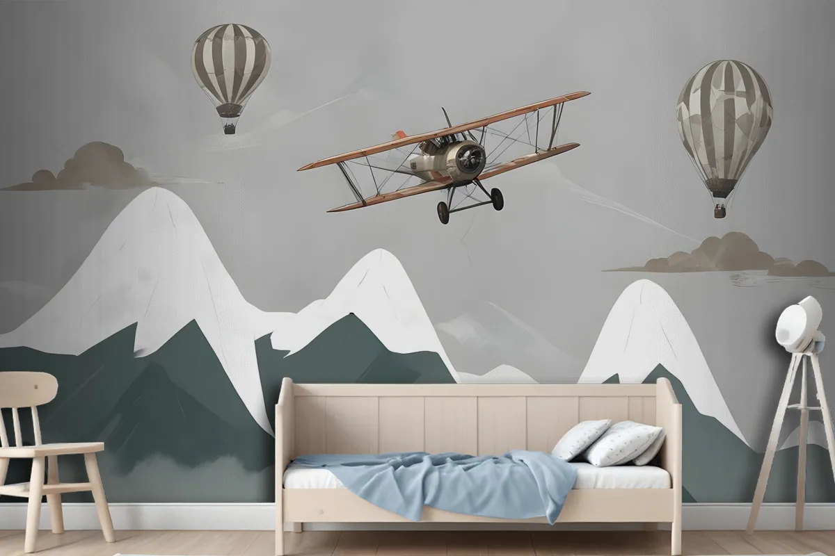 Kids Snowy Mountain With Plane And Balloons Wallpaper Mural