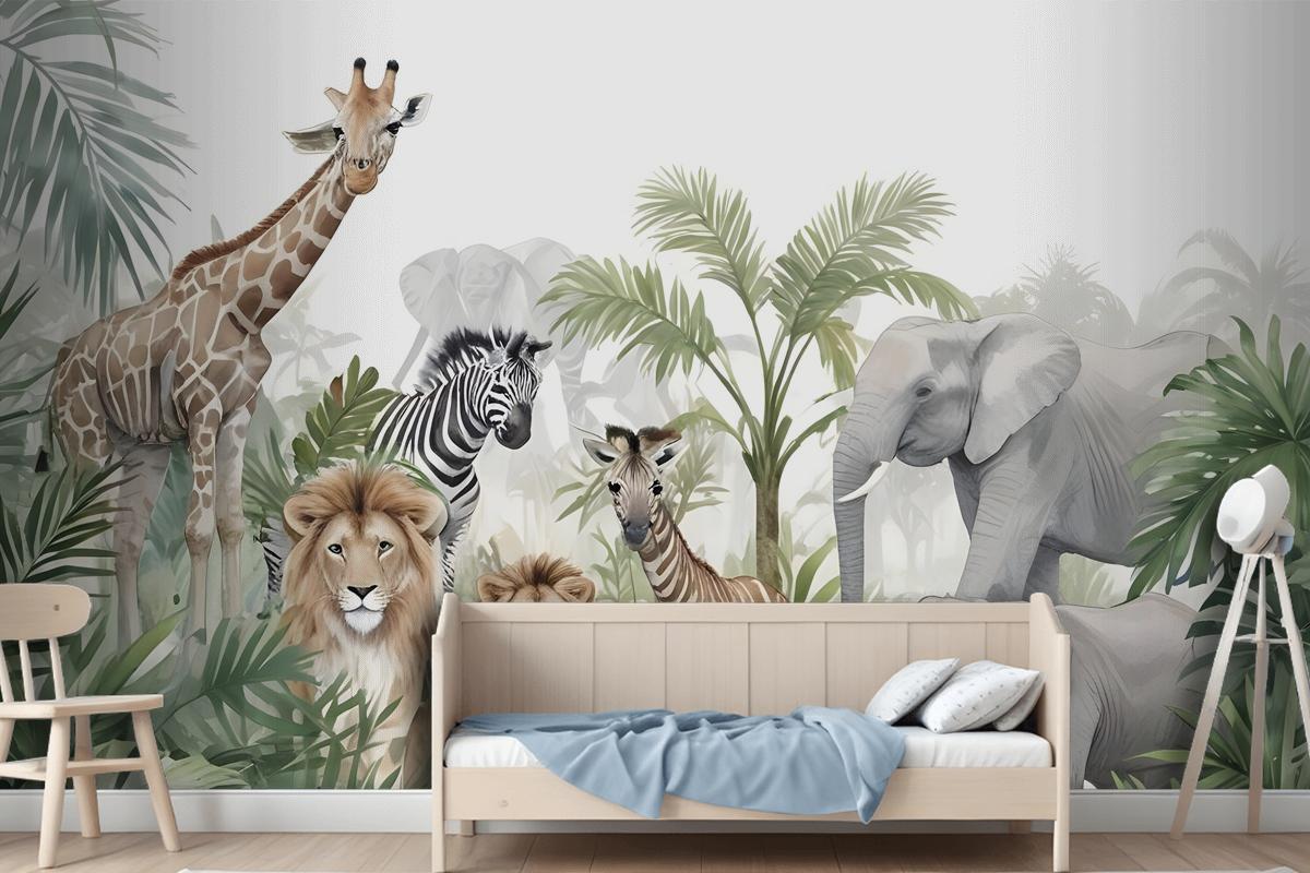 Kids Tropical Animals With Leafs Wallpaper Mural