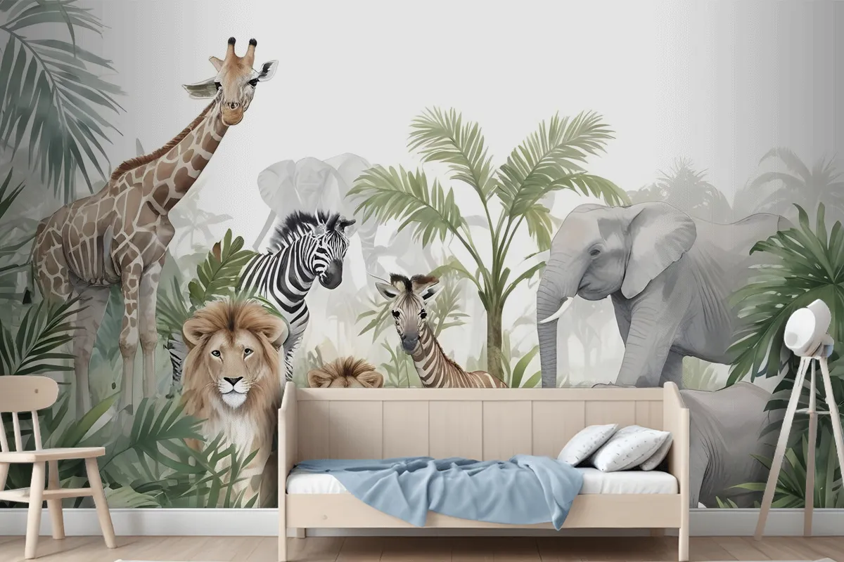 Kids Tropical Animals With Leafs Wallpaper Mural