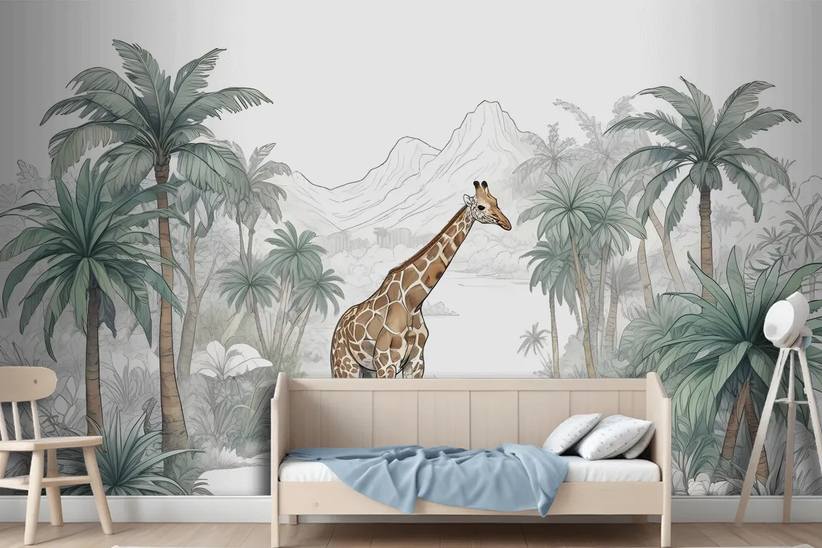 Kids Tropical Animals With Mountain Wallpaper Mural