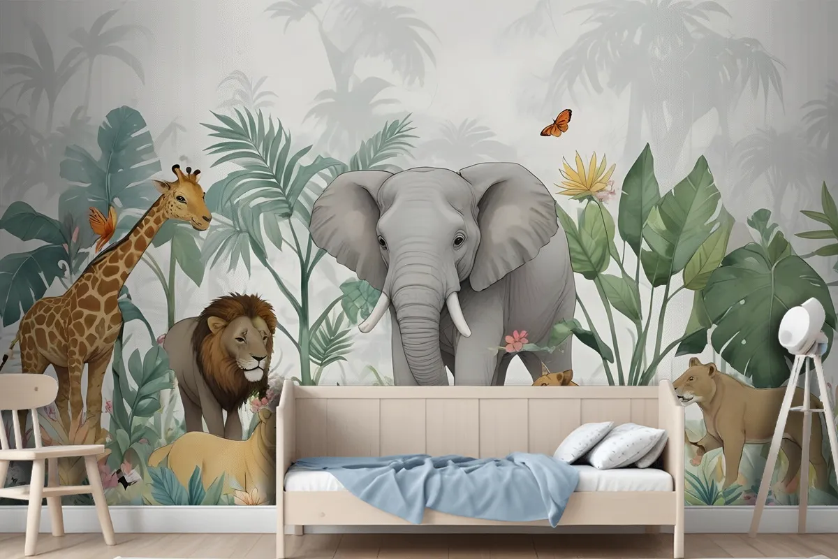 Kids Tropical Safari Animals With Green Leafs Wallpaper Mural