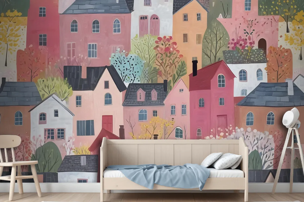 Kids Watercolor Cute Town House Wallpaper Mural