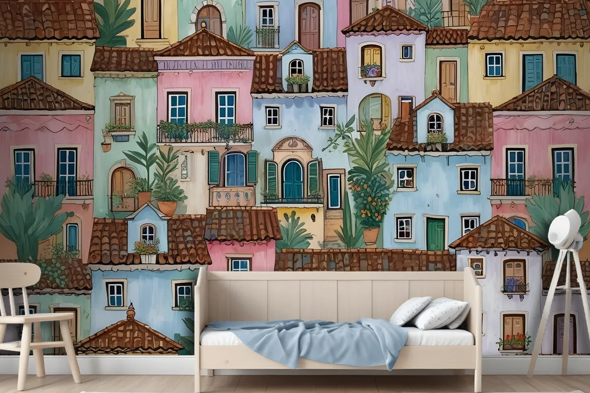 Kids Watercolor Medieval House With Plants Wallpaper Mural