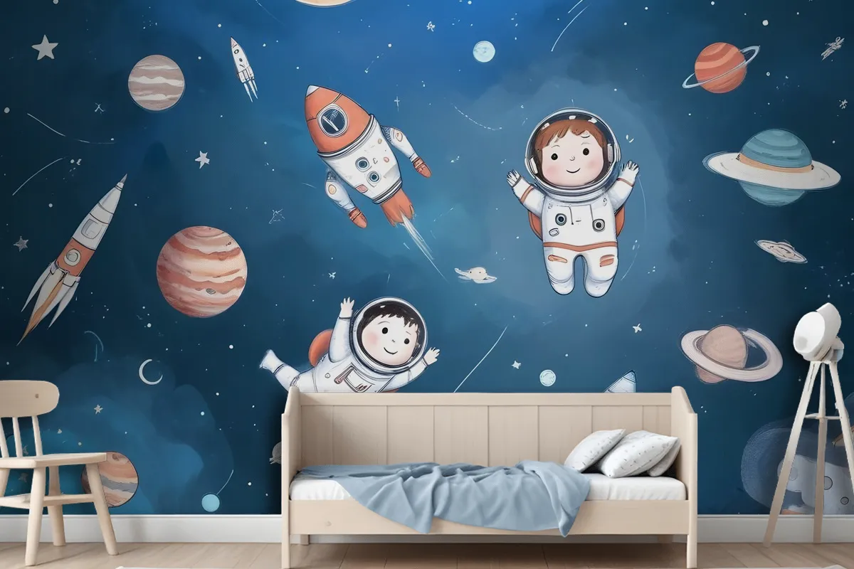 Kids Watercolor Space With Planets Wallpaper Mural