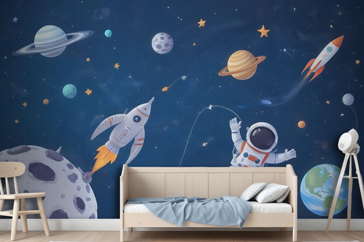 Kids Watercolor Space With Spaceship And Astronaut Wallpaper Mural