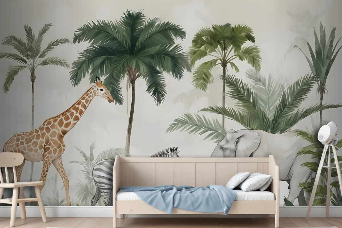 Kids Wild Tropical Animals With Palm Trees Wallpaper Mural