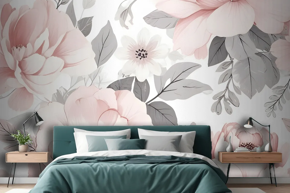 Large Pink And Gray Floral Pattern With Various Wallpaper Mural
