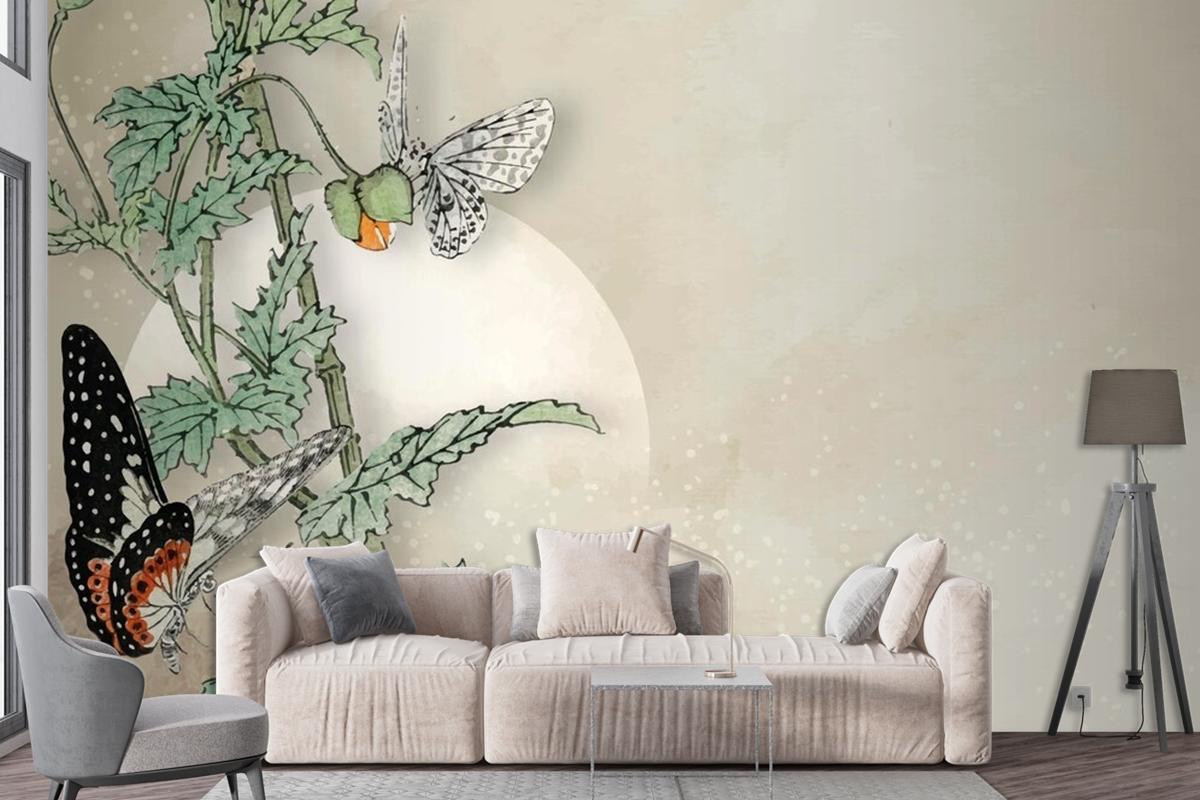 Leafy Butterfly Frame Design Wallpaper Mural