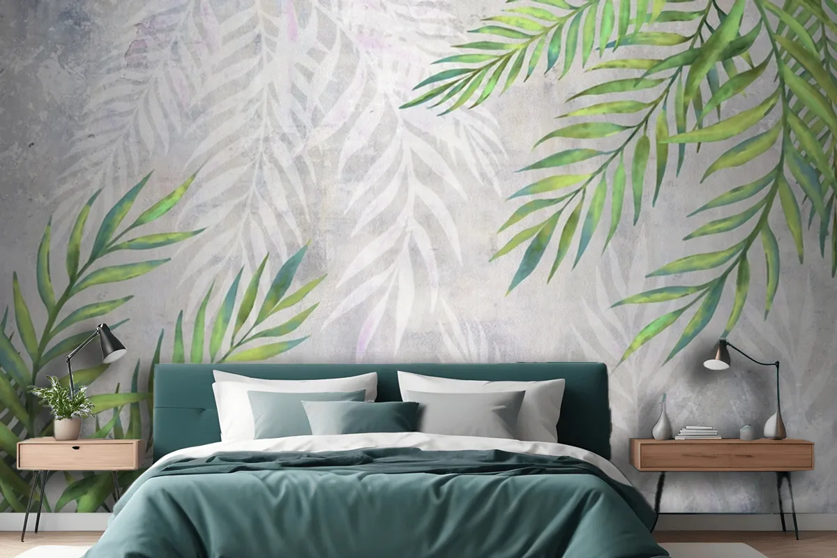 Leaves In The Corners On A Light Textured Wallpaper Mural