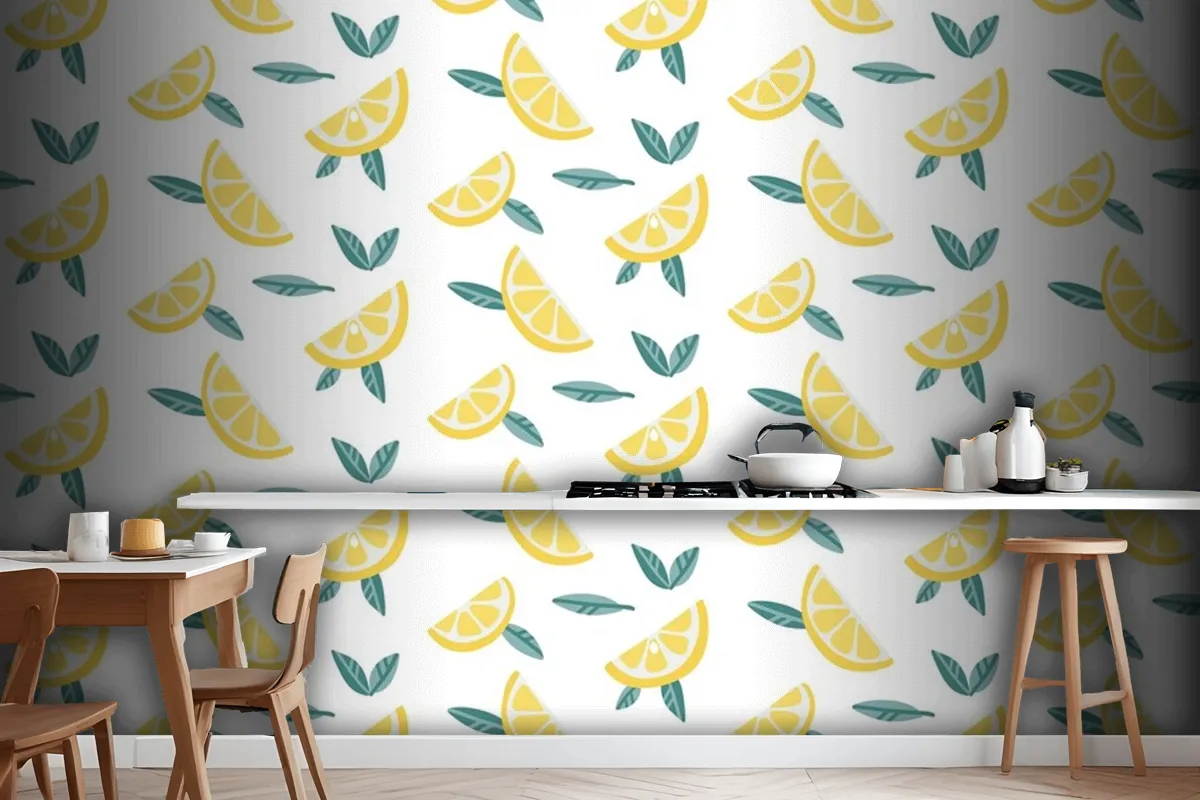 Lemon Fruit Slices With Leaves Seamless Pattern  Wallpaper Mural