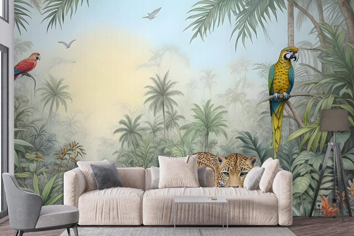 Leopard And Colorful Parrot In The Tropical Forest Wallpaper Mural