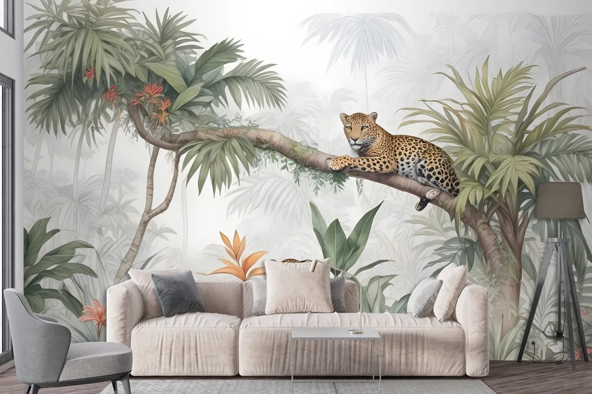 Leopards And Tropical Leaves Wallpaper Mural