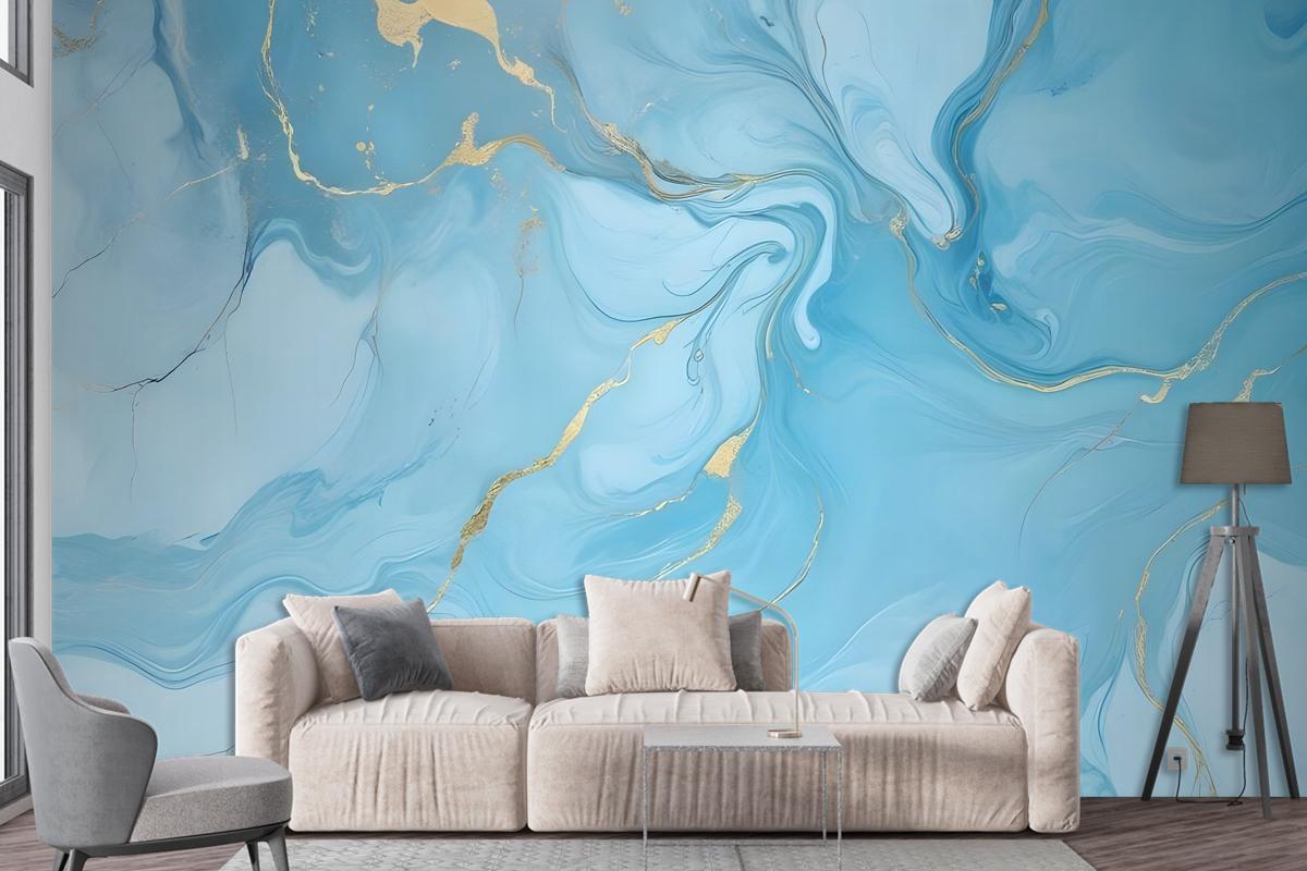 Light Blue Marble With Gold Look Splash Wallpaper Mural