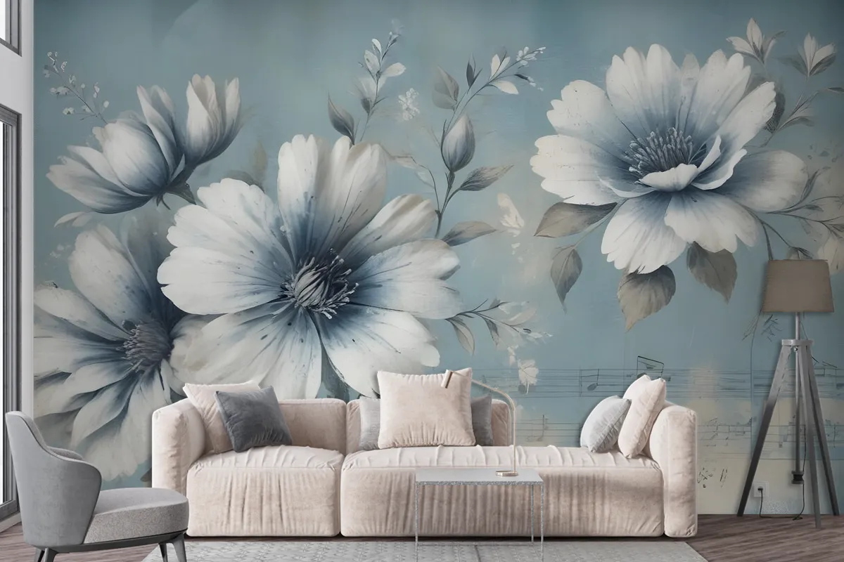 Light Floral With Music Notes Wallpaper Mural