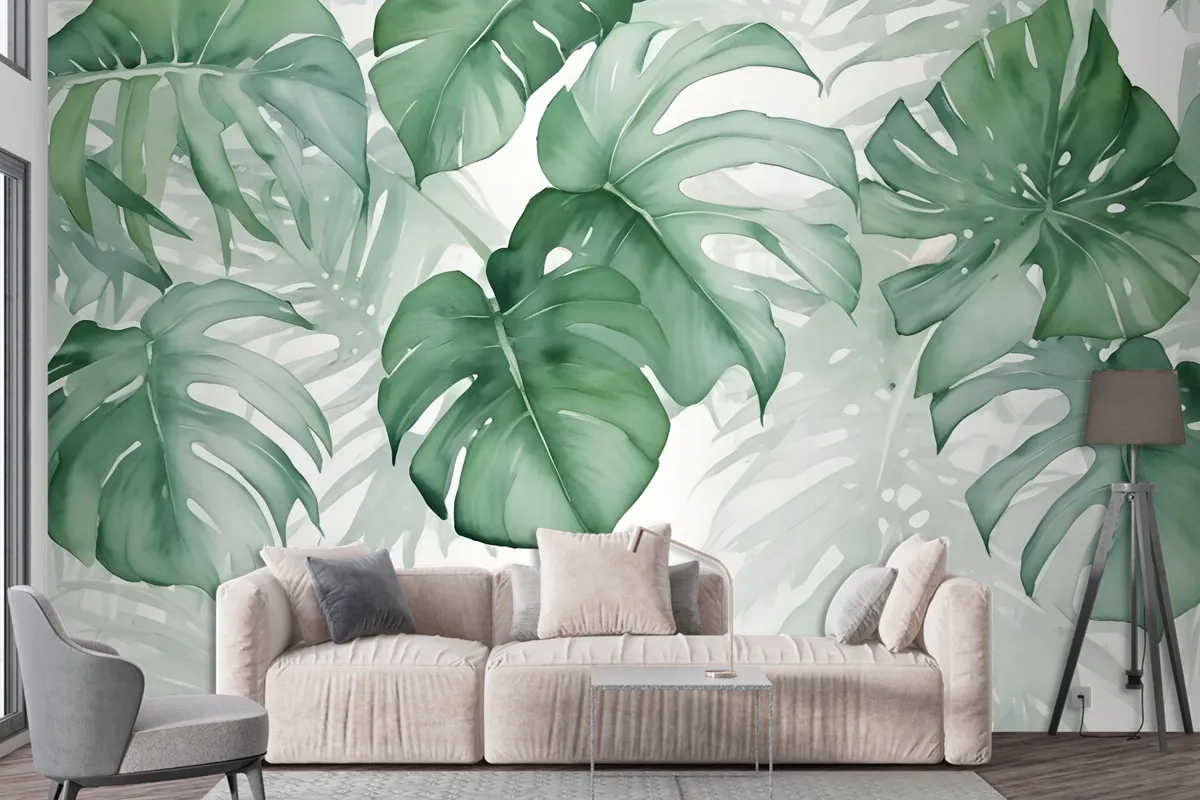 Light Green Tropical Leaves Wallpaper Mural