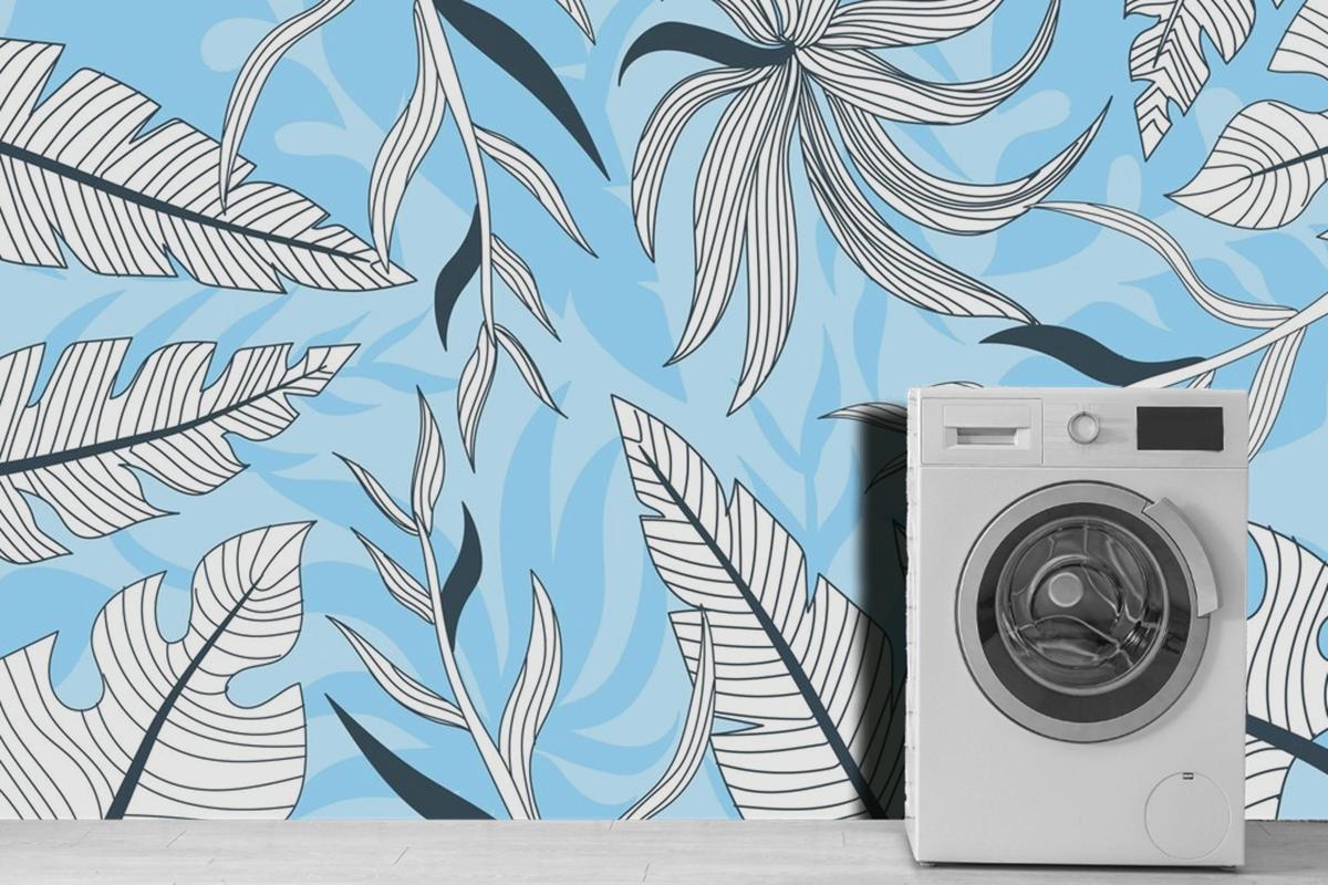 Linear Tropical Leaves With Pastel Color Laundry Wallpaper Mural