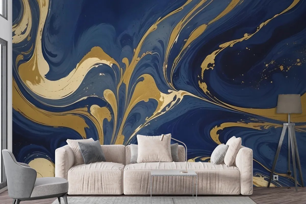 Liquid Abstract Marble Art Gold Blue Gradient Wallpaper Mural