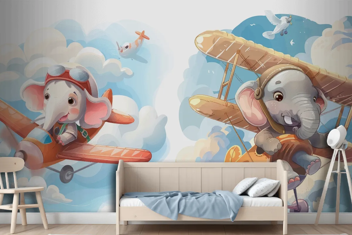 Little Elephant On Plane Wallpaper Mural