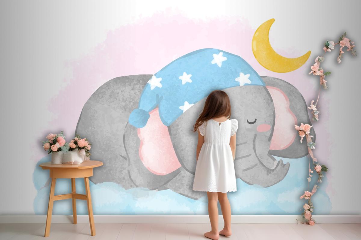 Lovely Elephant Sleeping On The Cloud In Painting Watercolor Wallpaper Mural