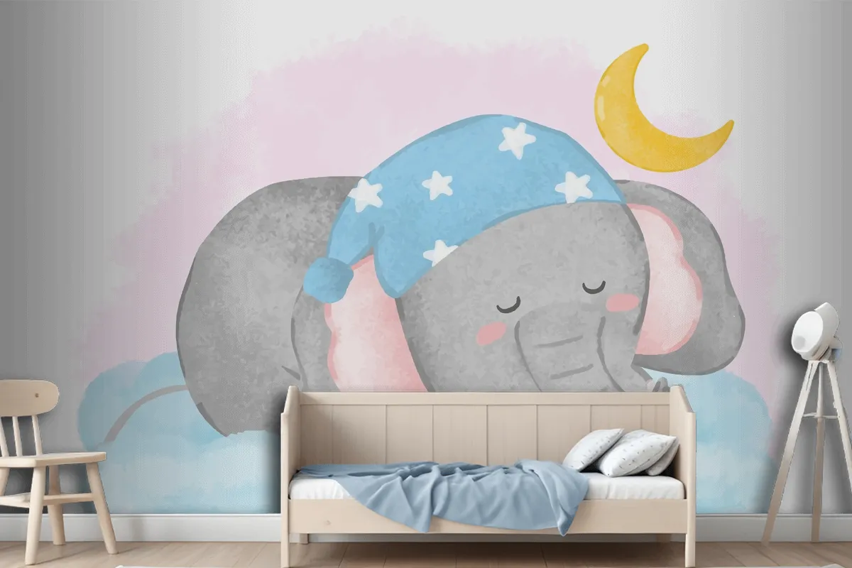 Lovely Elephant Sleeping On The Cloud In Painting Watercolor Wallpaper Mural