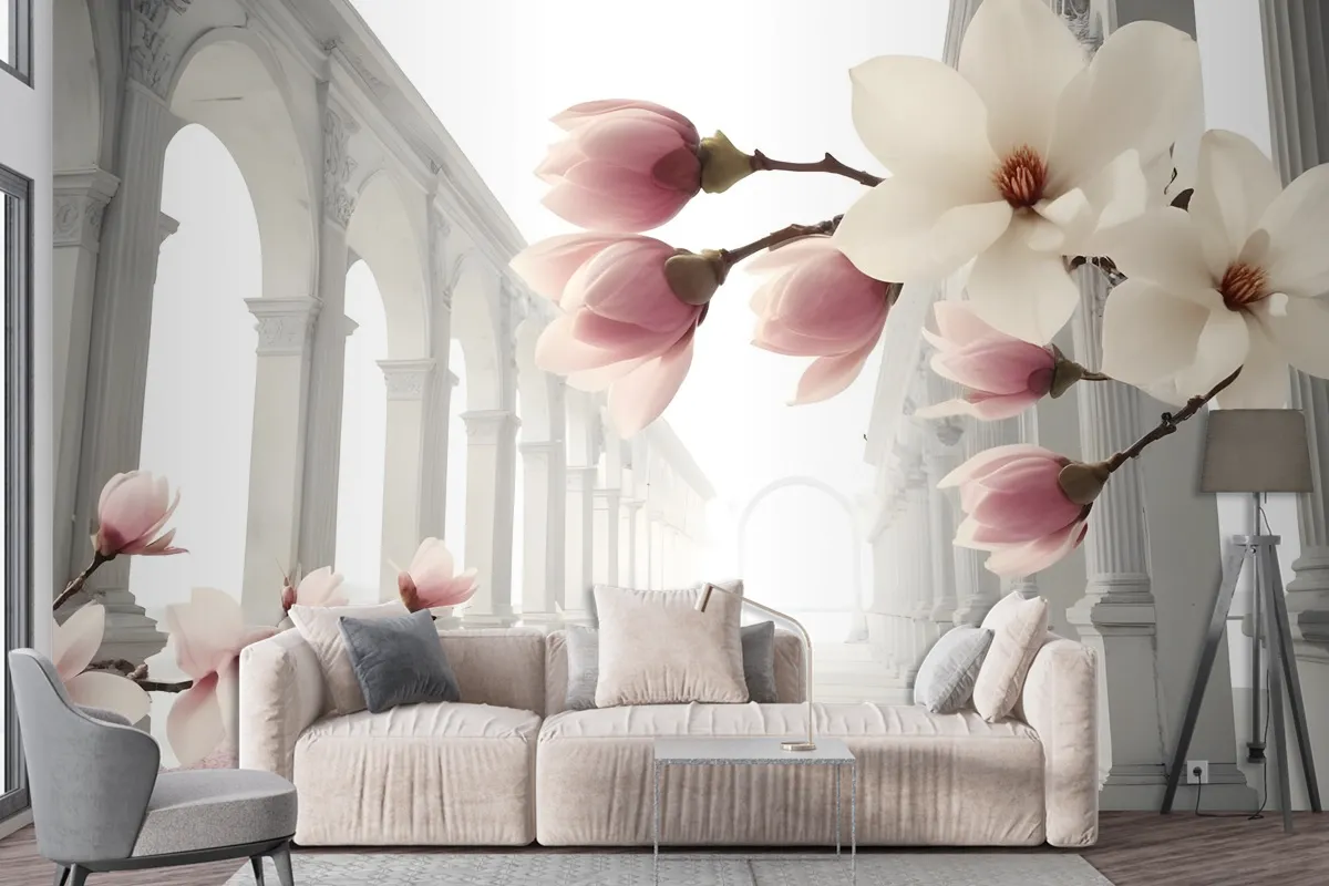 Magnolia Blossom With Column Wallpaper Mural