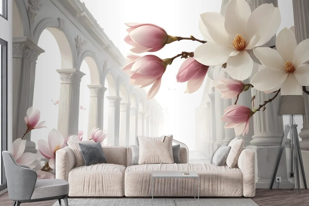 Magnolia Blossom With Column Wallpaper Mural