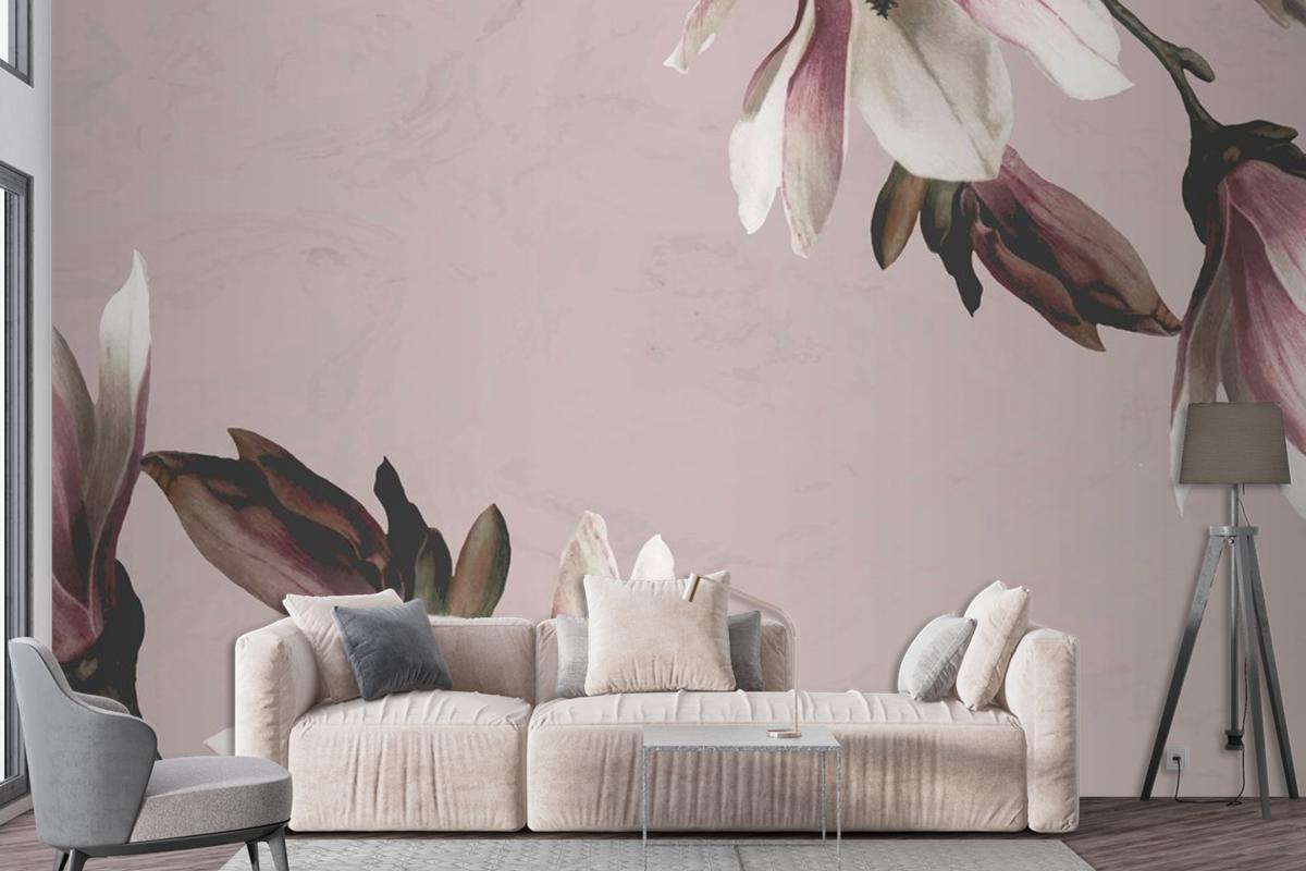 Magnolia Border On Beige Background Wallpaper Mural