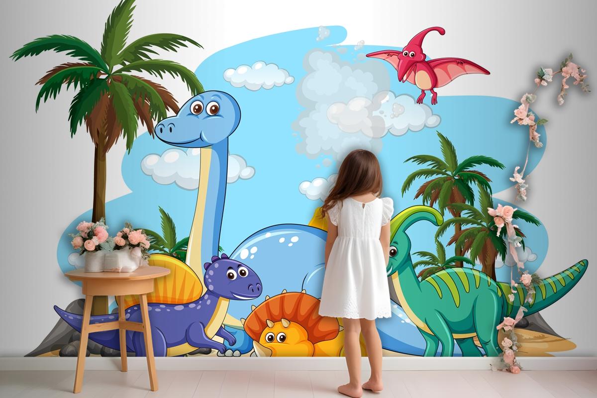 Many Cute Dinosaurs Character In Prehistoric Land Isolated Wallpaper Mural