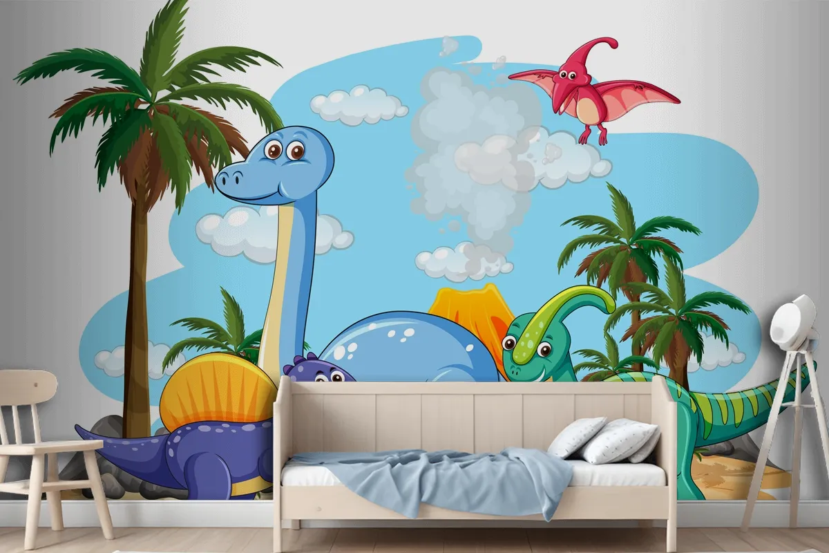 Many Cute Dinosaurs Character In Prehistoric Land Isolated Wallpaper Mural