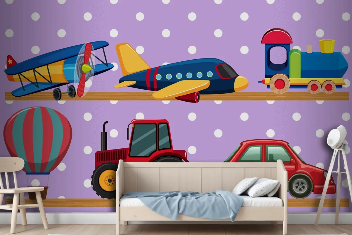 Many Transportation Toys On Wooden Shelves Wallpaper Mural