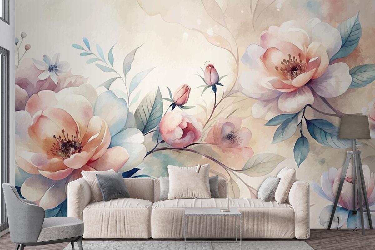 Minimalist Blooming Flower Watercolor Background Beautifully Scattered Wallpaper Mural