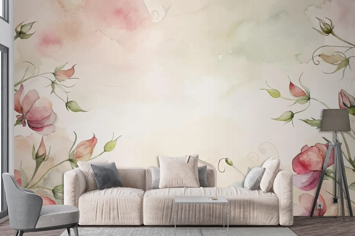 Minimalist Watercolor Background Of Sweet Peas Flowers Wallpaper Mural