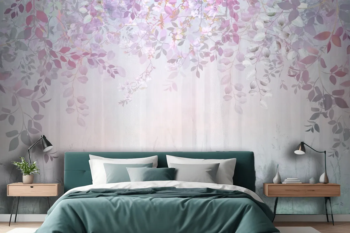 Misty Forest In A Rainbow Haze With Hanging Branches And Meadow Flowers Wallpaper Mural