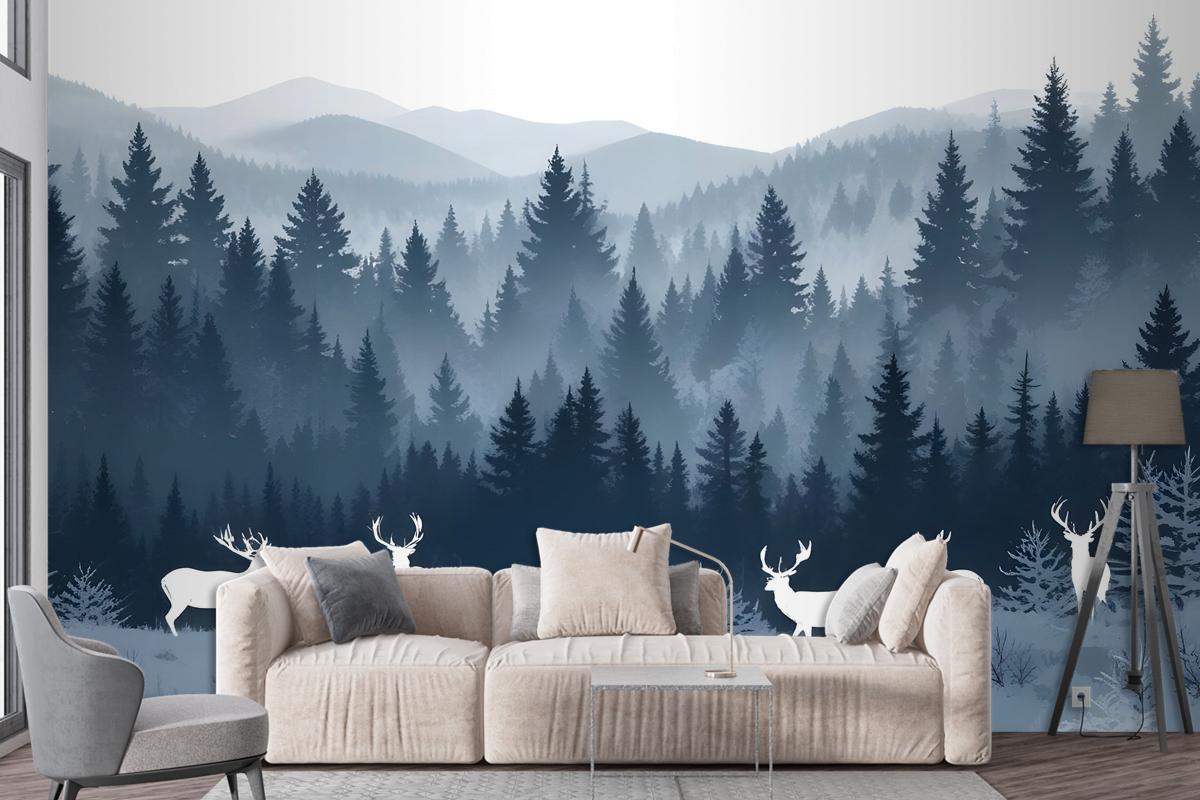 Misty Forest Landscape And Horned Deer Wallpaper Mural