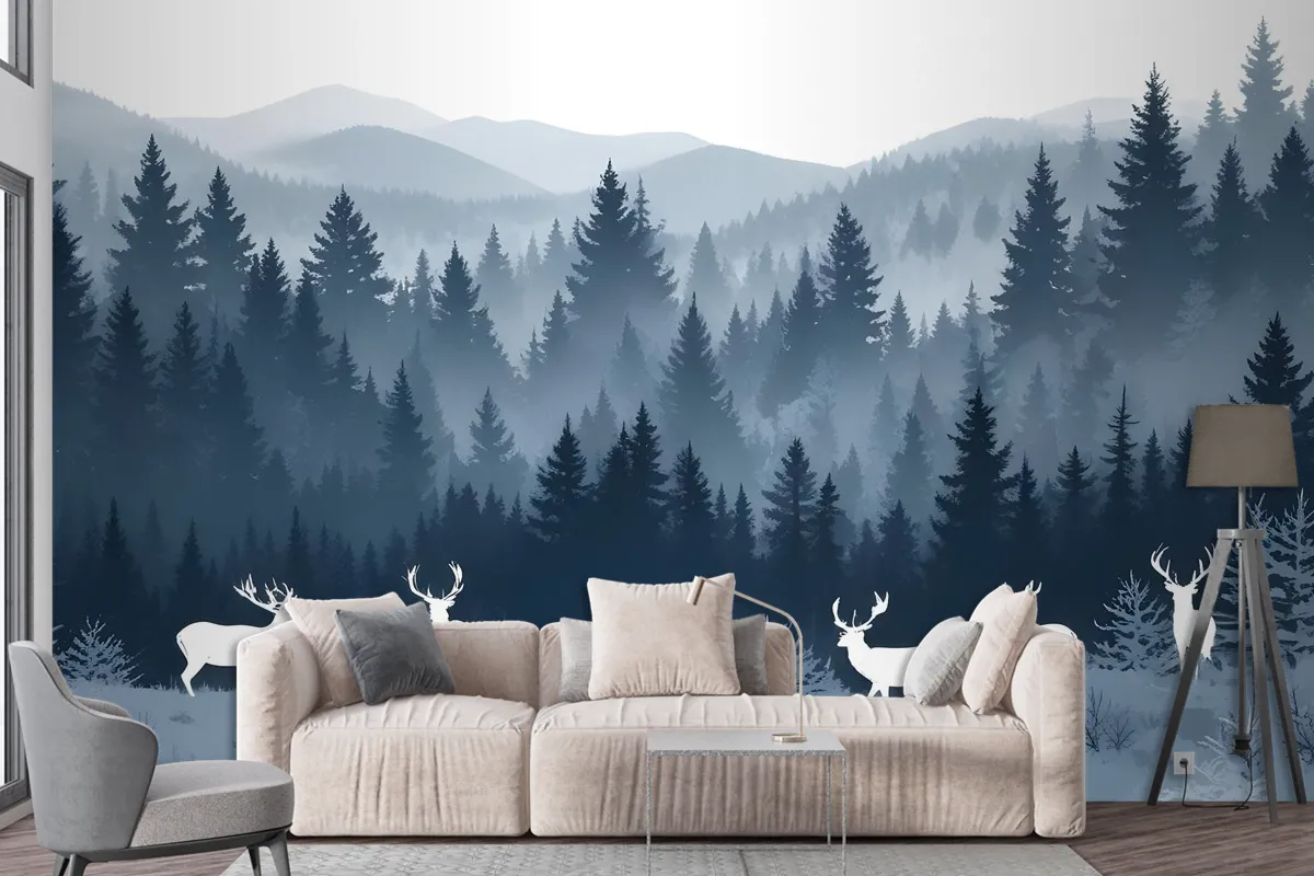 Misty Forest Landscape And Horned Deer Wallpaper Mural