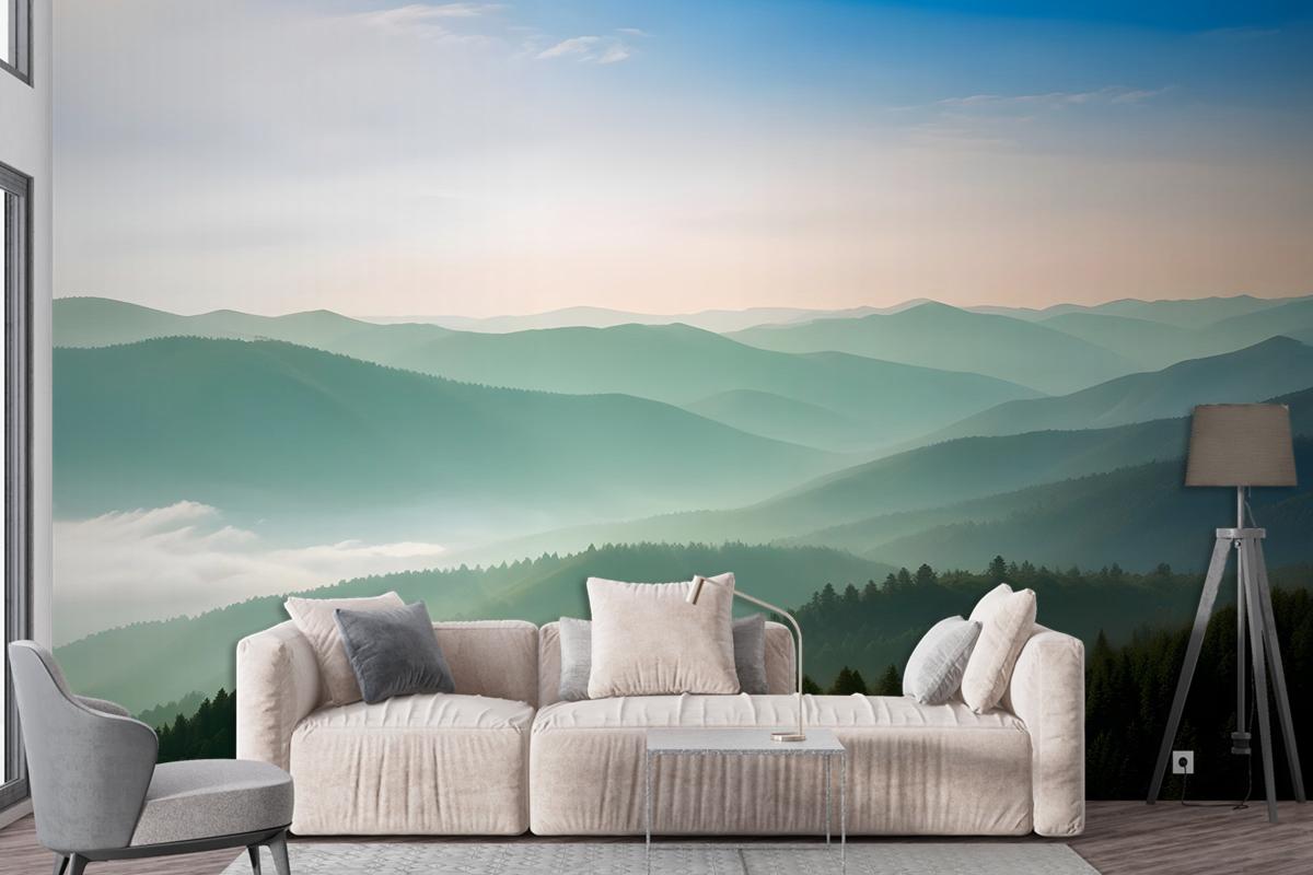 Misty Mountain Green Forest Scenic Wallpaper Mural